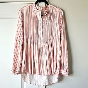 SUNDANCE Red And White Striped Button-Up Long-sleeves Blouse